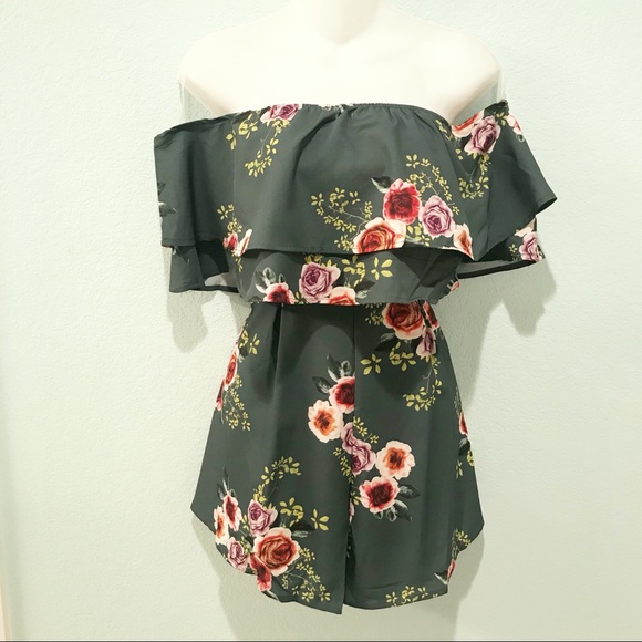 Green Floral Romantic Romper Off Shoulder Ruffle - Picture 3 of 4